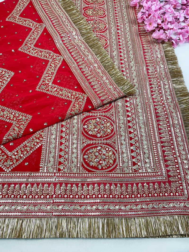 Bridal Phera Red Embroidered Pure Georgette Dupatta