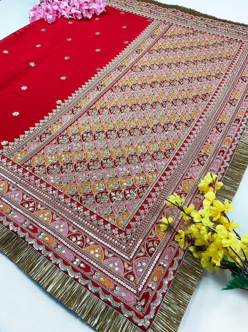 Bridal Karnavati Red Embroidered Pure Organza Dupatta