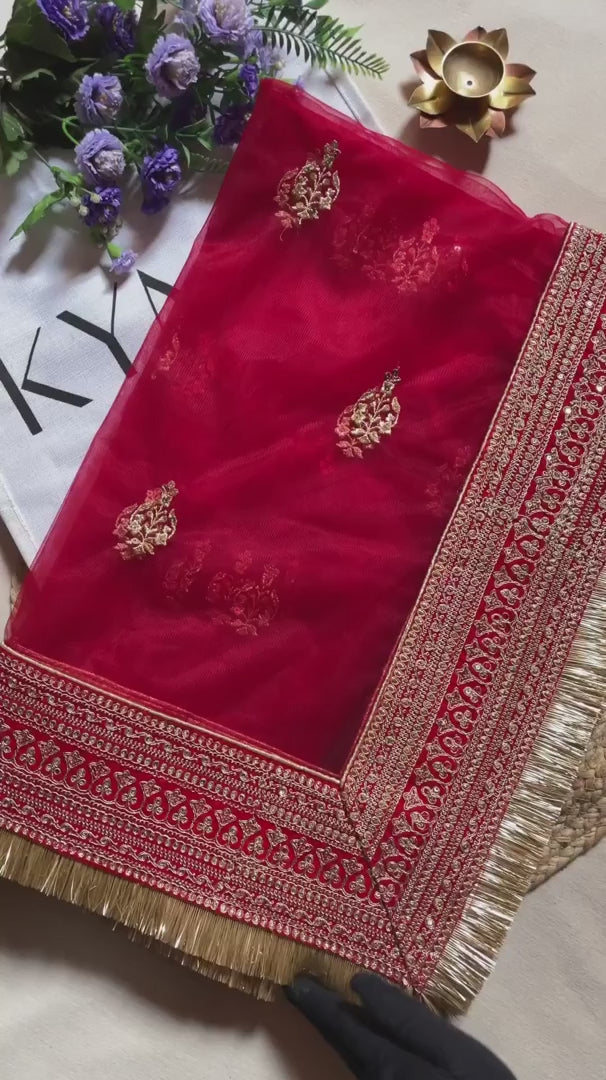 Bridal Katrina Red Embroidered Fringed Net Dupatta