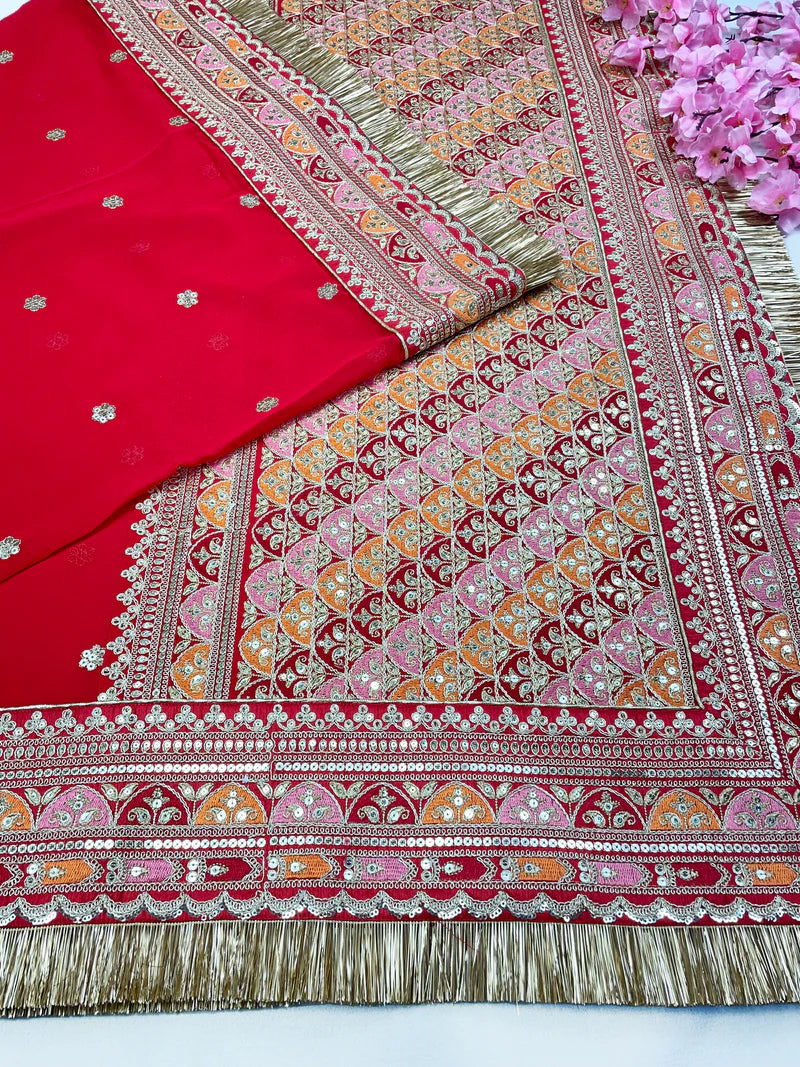 Bridal Karnavati Red Embroidered Pure Organza Dupatta