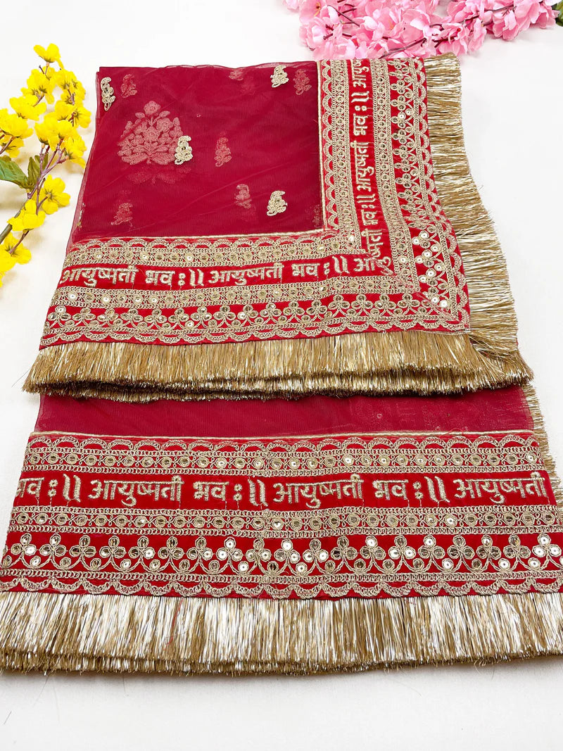 Bridal Ayushmati Red Embroidered Fringed Net Dupatta