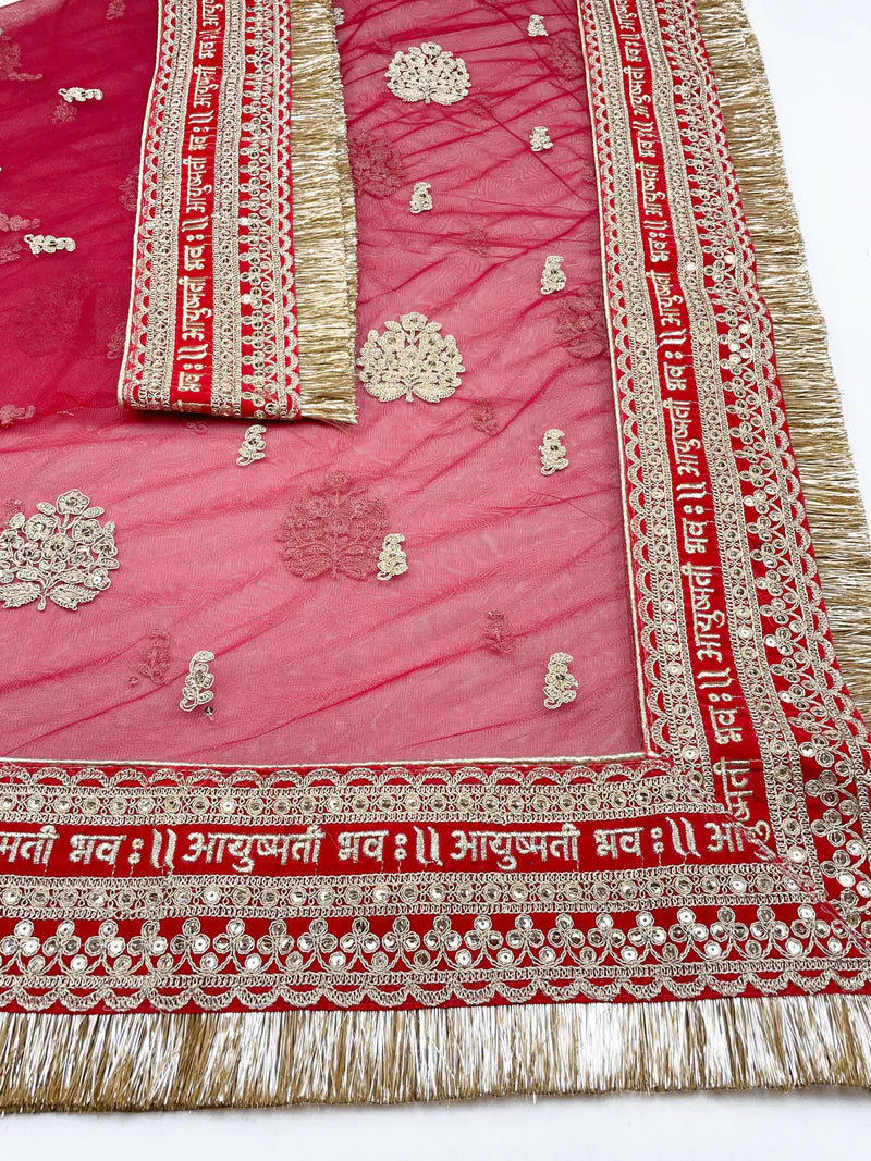 Bridal Ayushmati Red Embroidered Fringed Net Dupatta