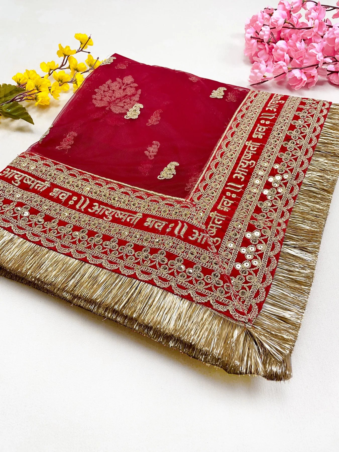 Bridal Ayushmati Red Embroidered Fringed Net Dupatta