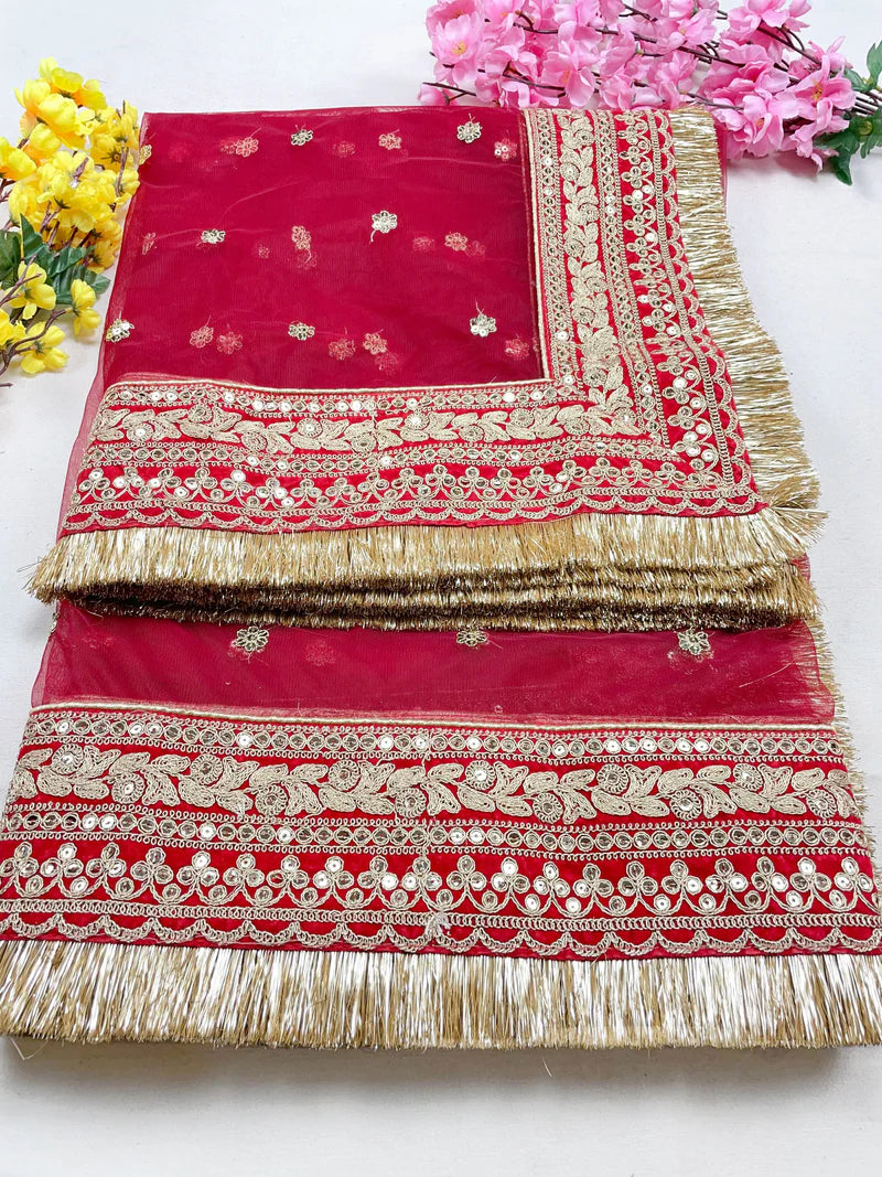 Bridal Kyara Red Embroidered Fringed Net Dupatta
