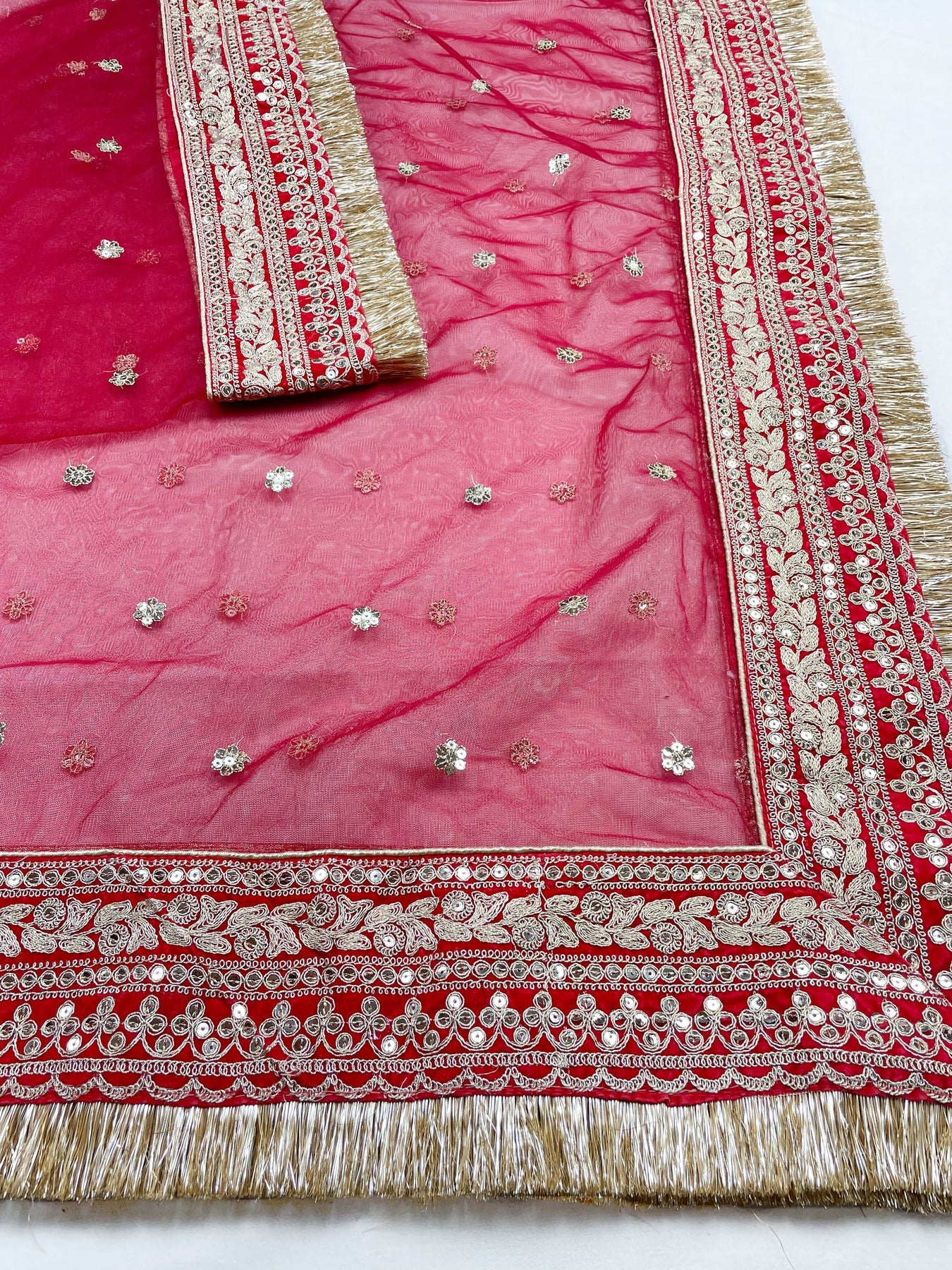 Bridal Kyara Red Embroidered Fringed Net Dupatta