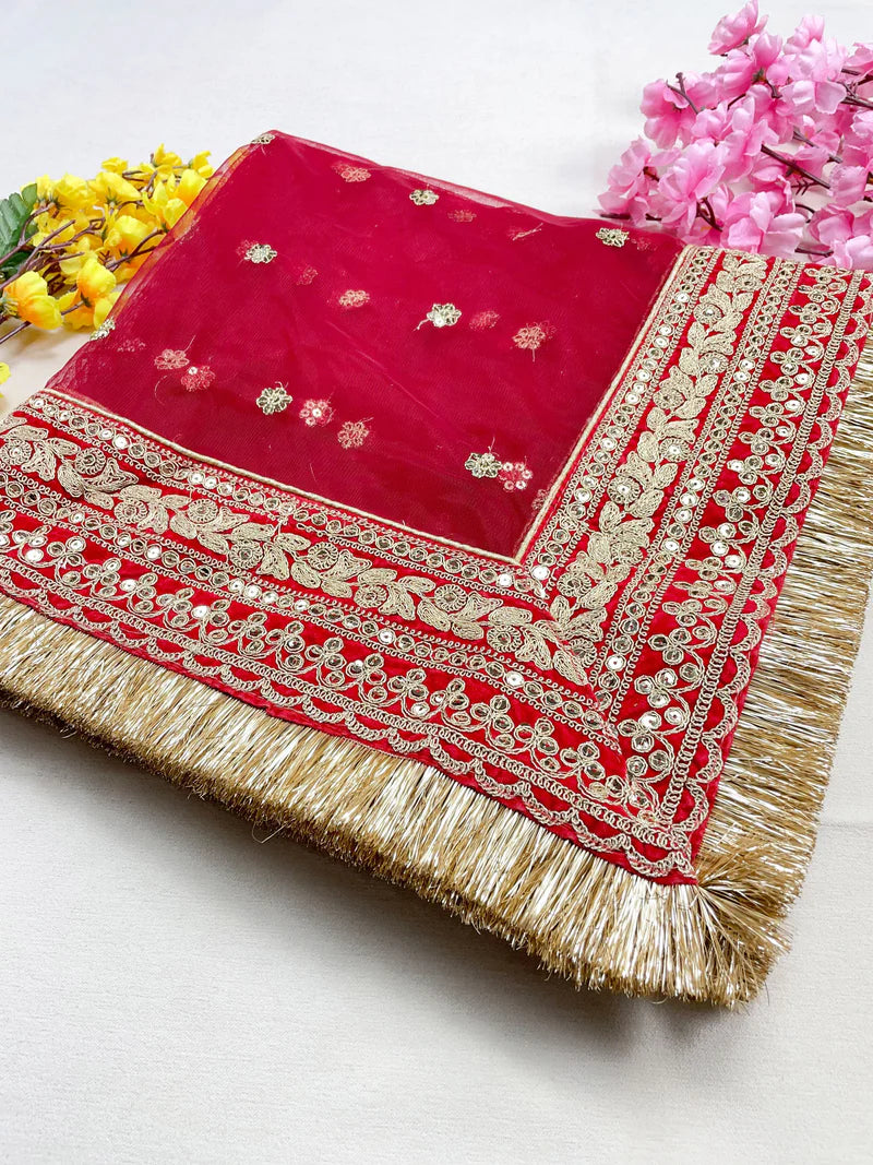 Bridal Kyara Red Embroidered Fringed Net Dupatta