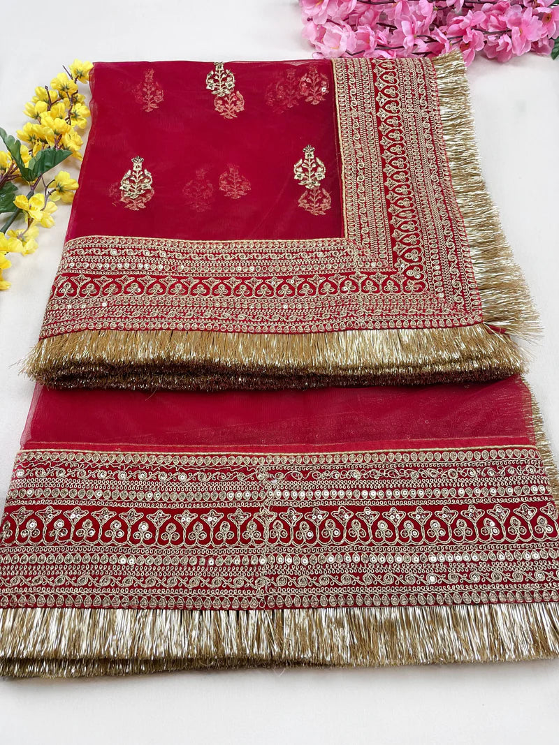 Bridal Katrina Red Embroidered Fringed Net Dupatta