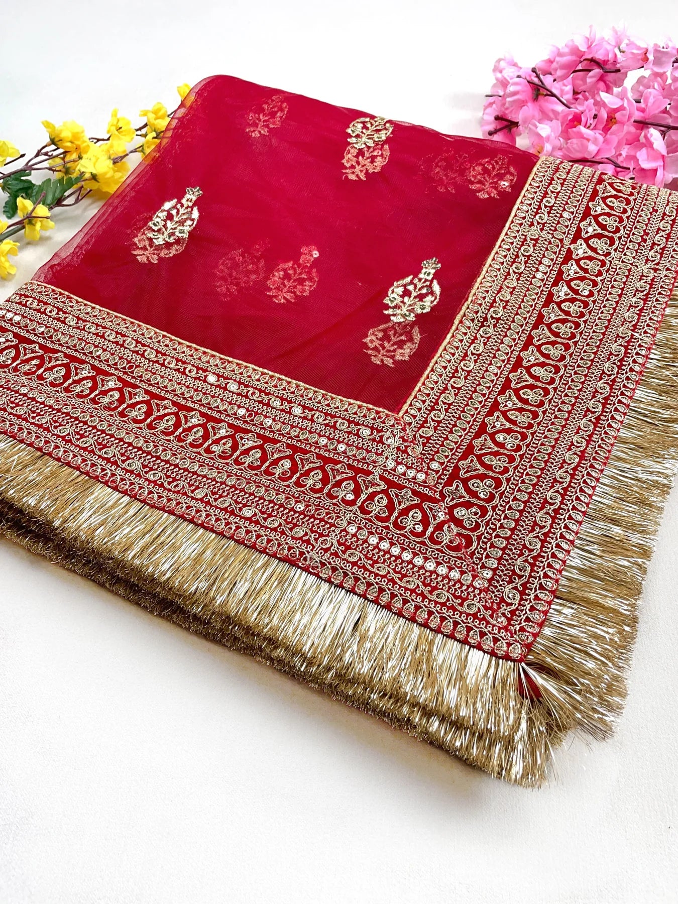 Bridal Katrina Red Embroidered Fringed Net Dupatta
